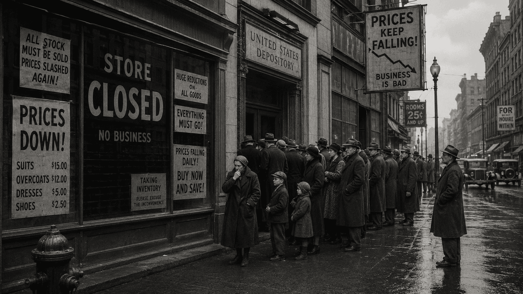 Great Depression deflation and inflation lesson shown through falling prices and bank closures