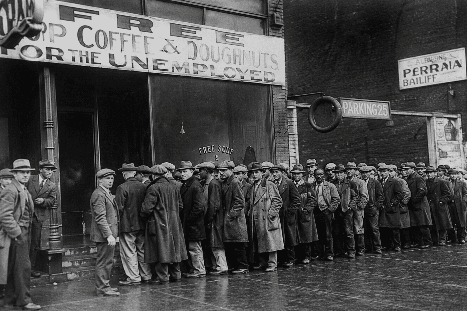 Unemployed men standing in a bread line during the Great Depression, circa 1932