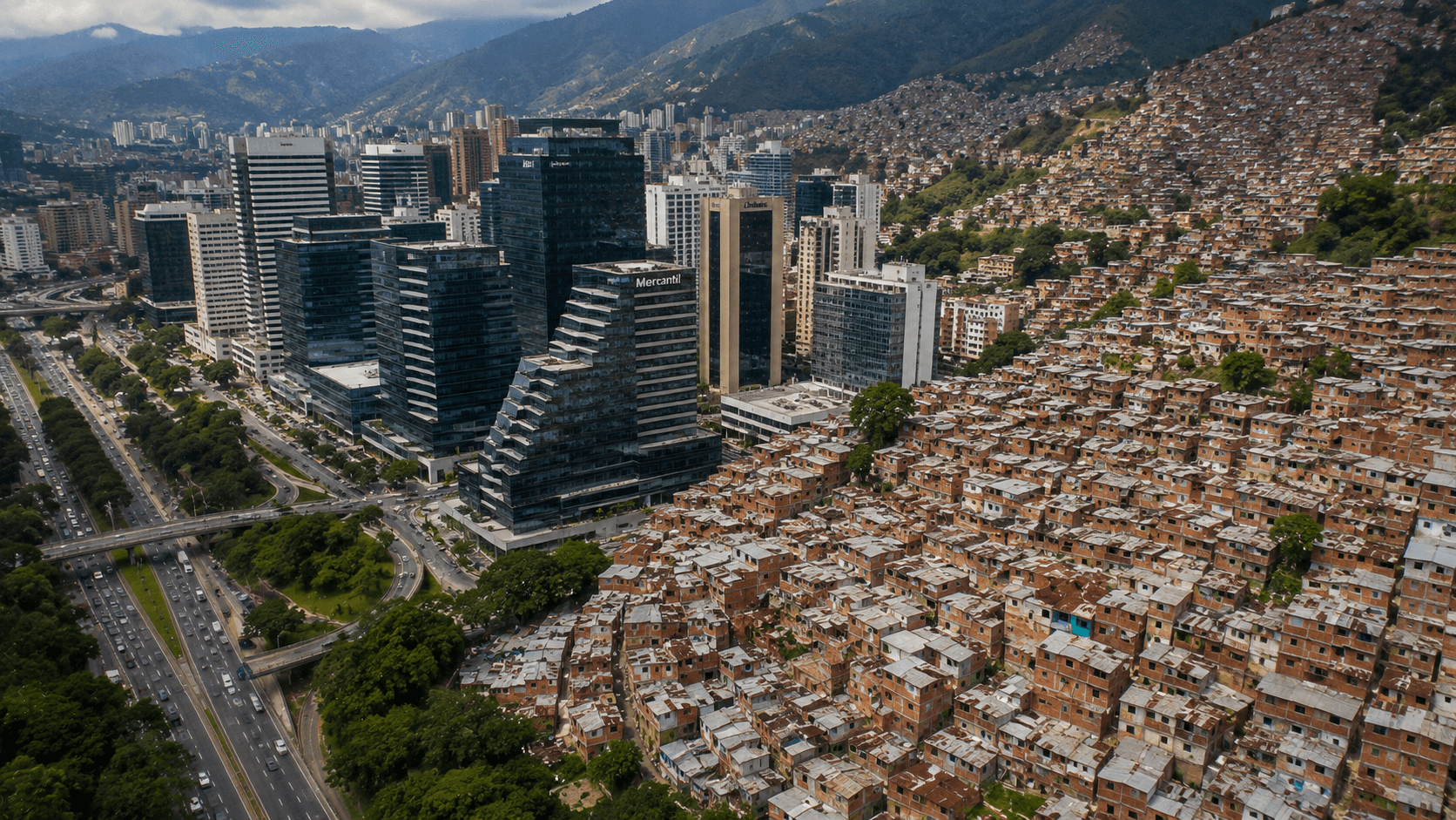 Caracas, Venezuela, aerial view, economic inequality, oil wealth, and poverty in the 2010s