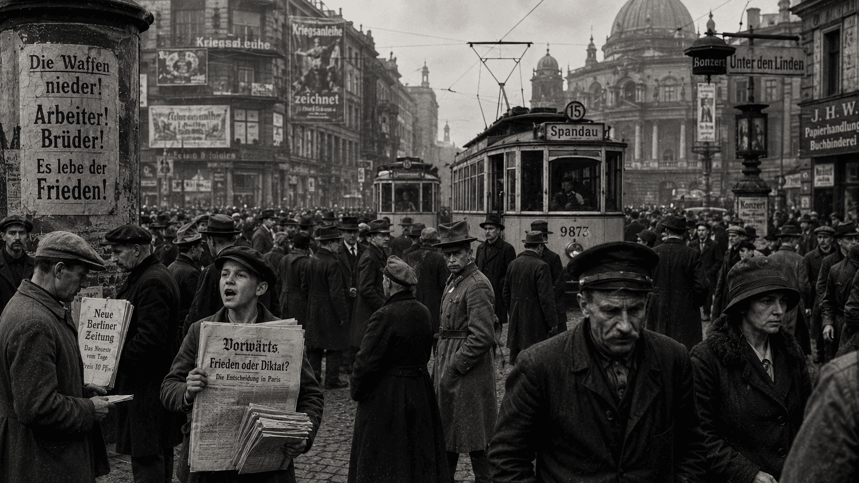 Berlin street scene during the rise and fall of Weimar Germany