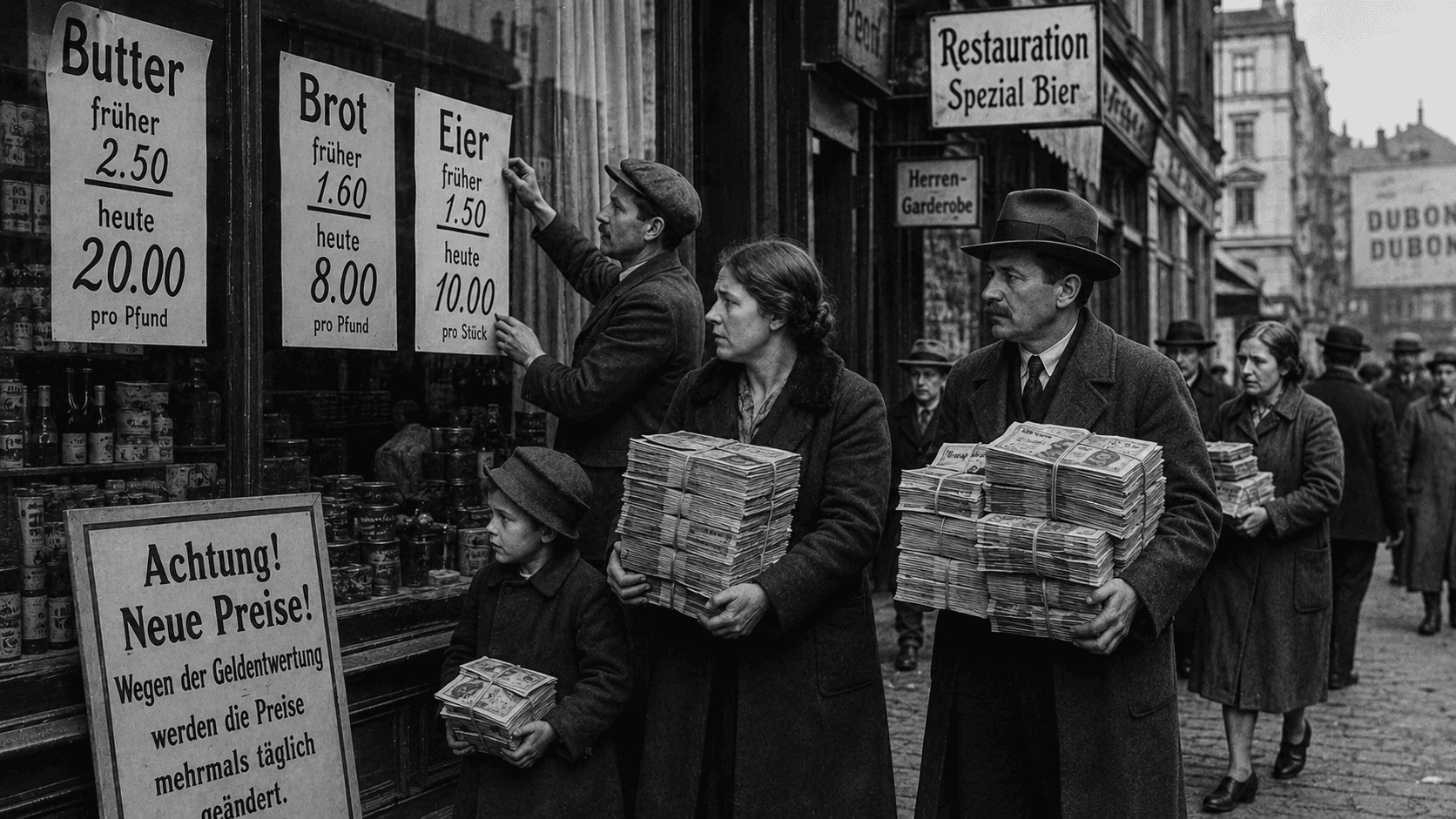 Weimar Germany hyperinflation street scene with worthless banknotes and rising prices