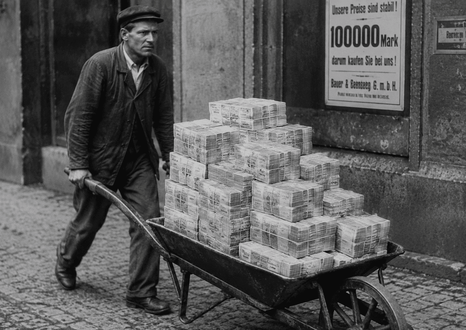 German worker with wheelbarrow full of banknotes during Weimar Republic hyperinflation 1923