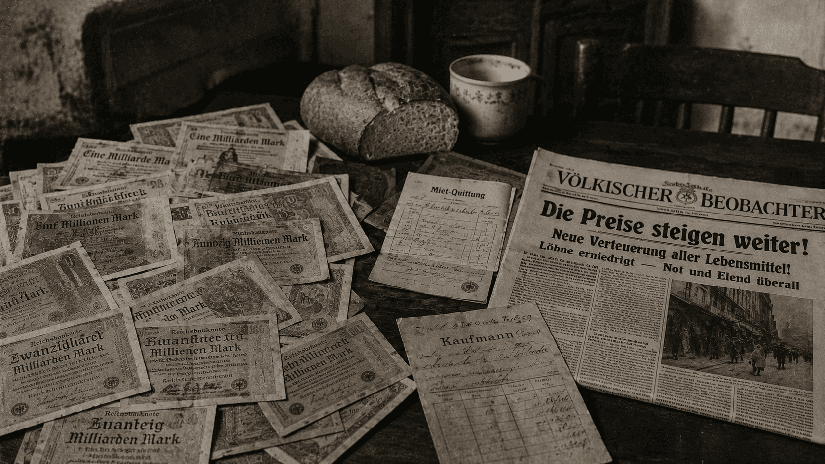 Weimar Germany hyperinflation banknotes beside household bills and bread
