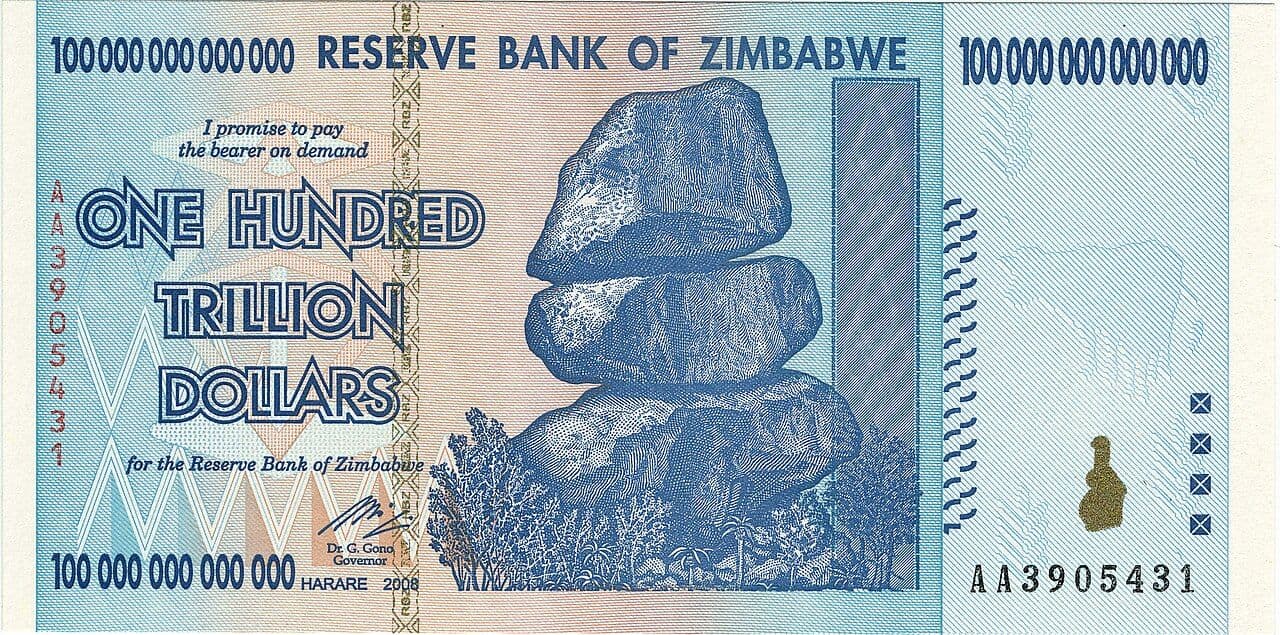Zimbabwe 100 trillion dollar banknote 2009 symbol of hyperinflation currency collapse